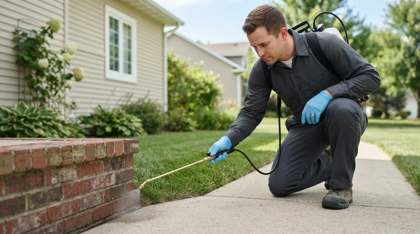 Pest control technician treating a home near Elbing, KS